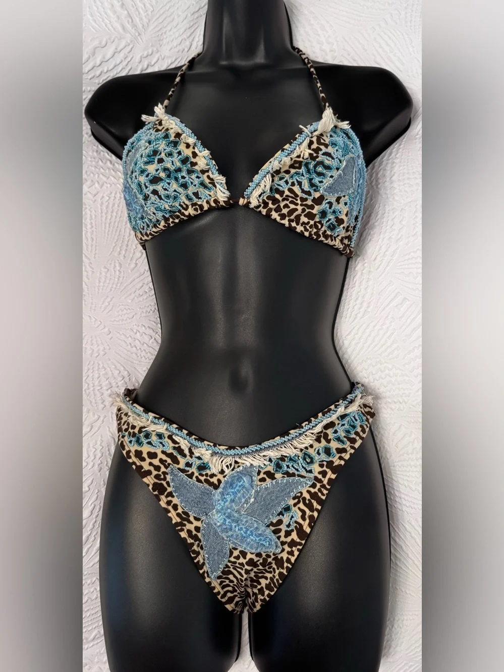 Leopard Print Bikini with Blue beading & fringe Accents